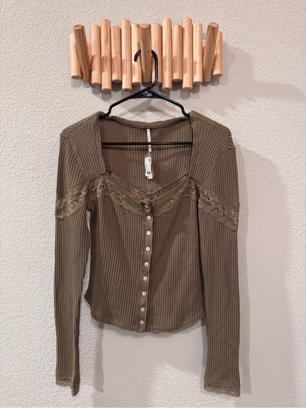 Free People Thermal Lace Button Top | Boho Waffle Knit Long Sleeve Cozy Chic Top - Picture 2 of 8